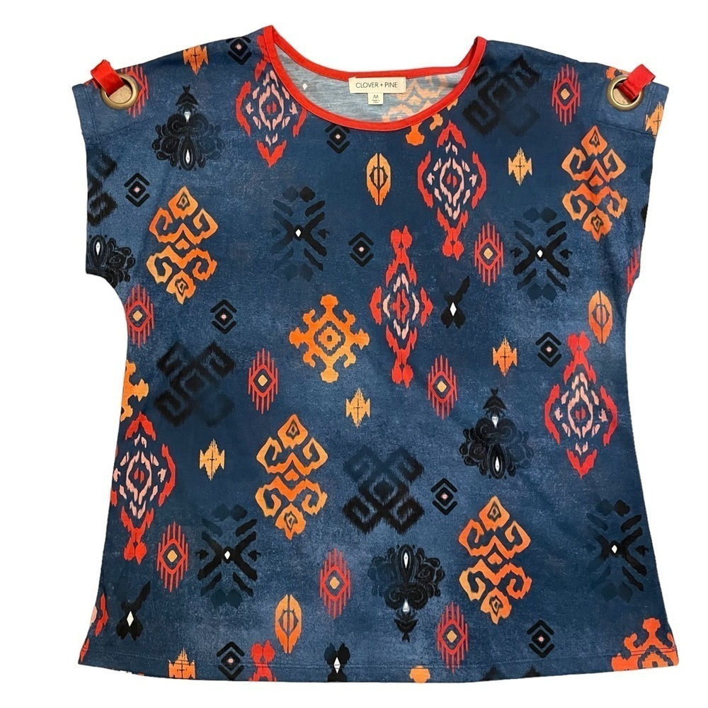Clover Pine Blue Red Orange Grommet Short Sleeve Shirt Size M